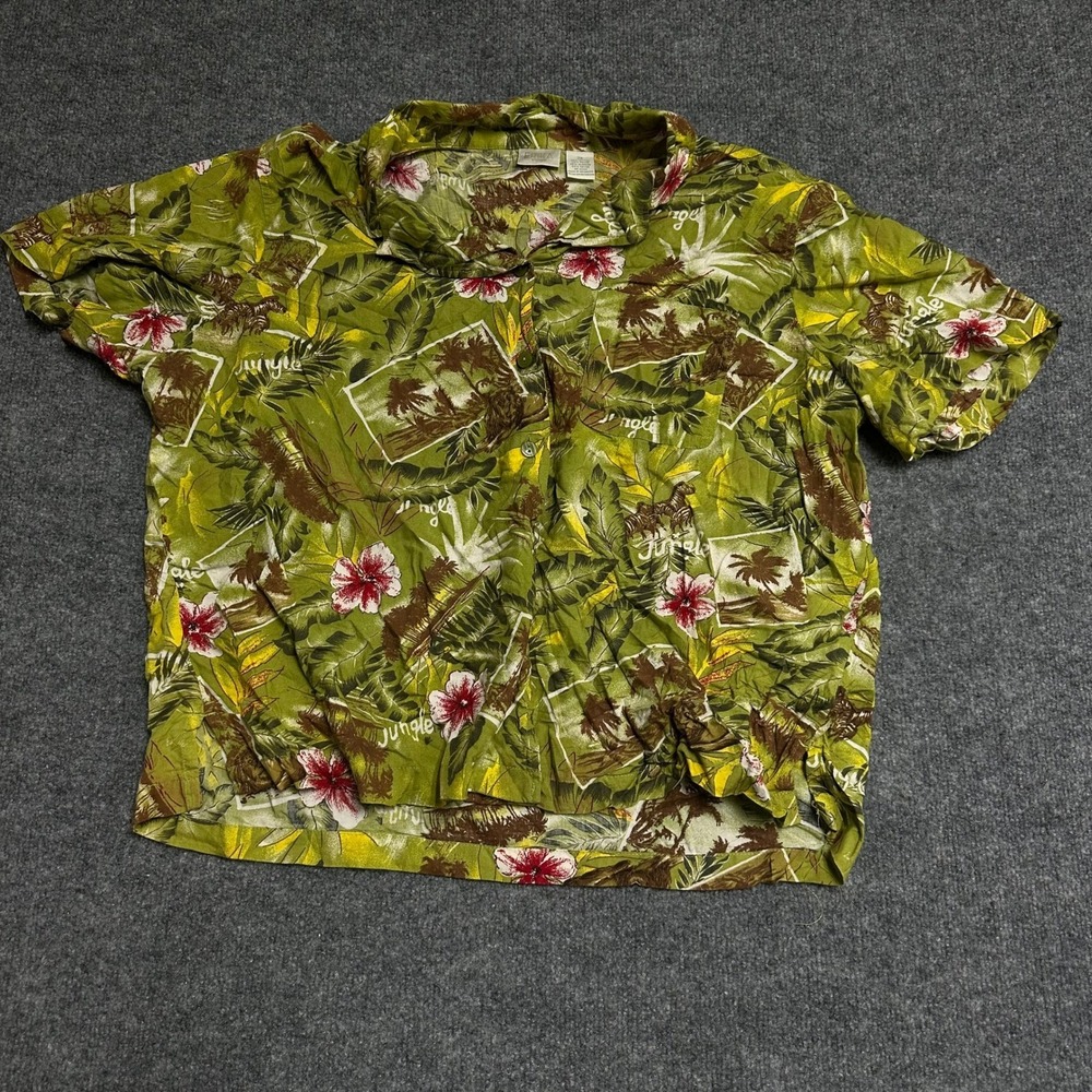 Erika Woman Button Up Shirt Womens 2X Green Tropical Jungle Cotton Viscose Aloha